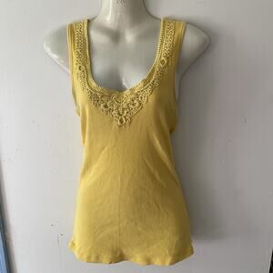 VTG Y2K GUESS M Yellow Ribbed Lace Tank Top Cami Romantic Cotton Soft Beach Sexy